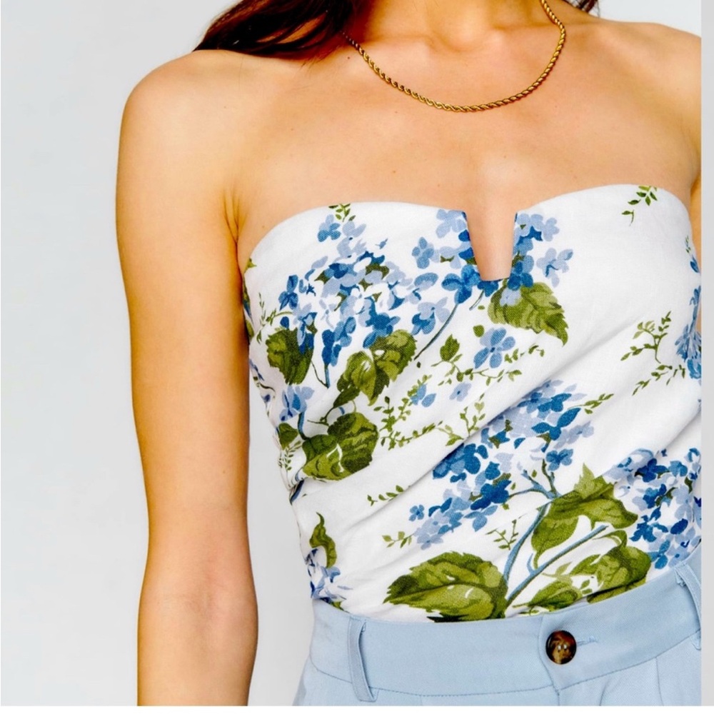 Reformation White and Blue Bustier Cut Out Blouse
